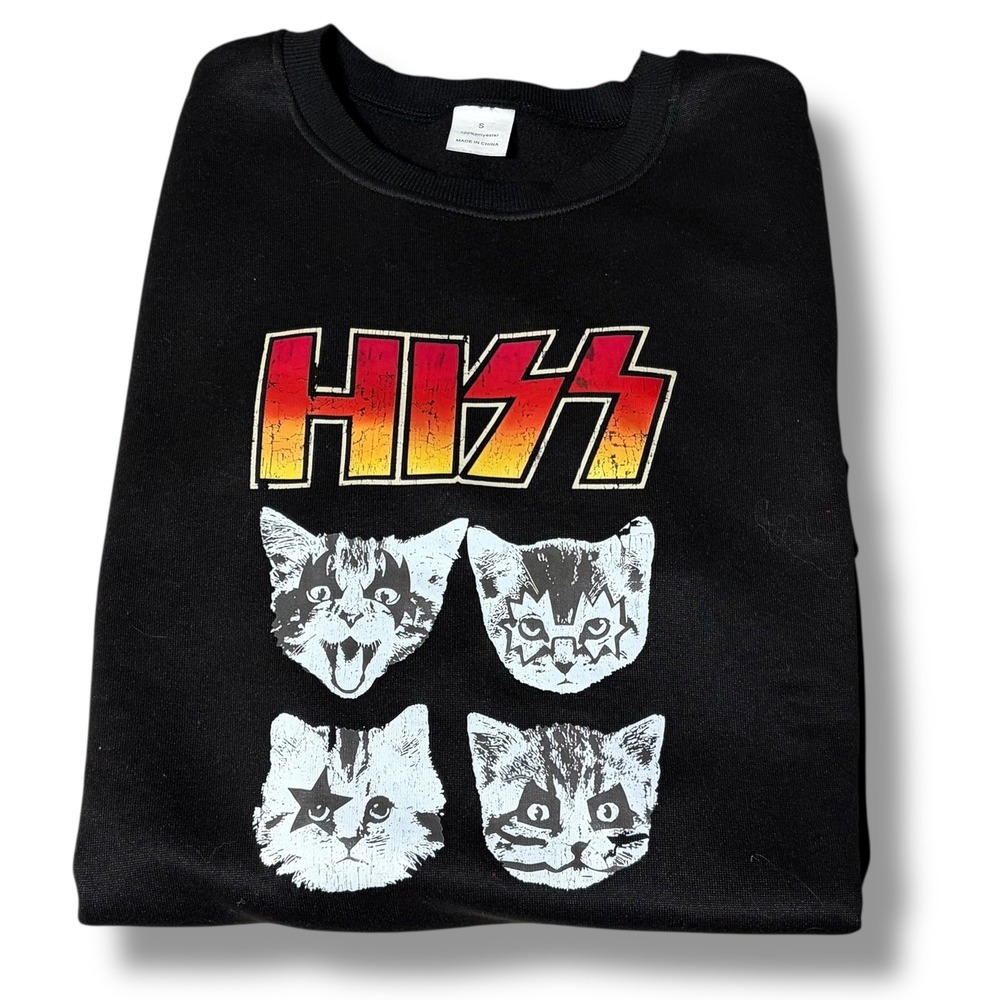 KISS Band Cat Faces Black Crewneck Sweatshirt saying Hiss